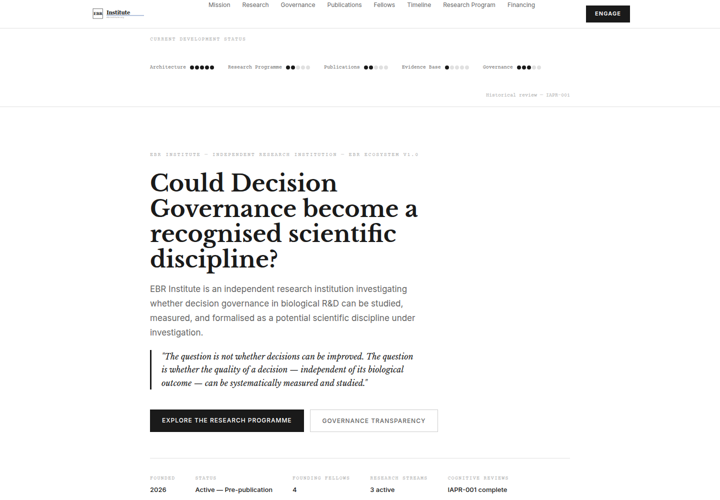 EBR Institute main website presenting its research into decision governance