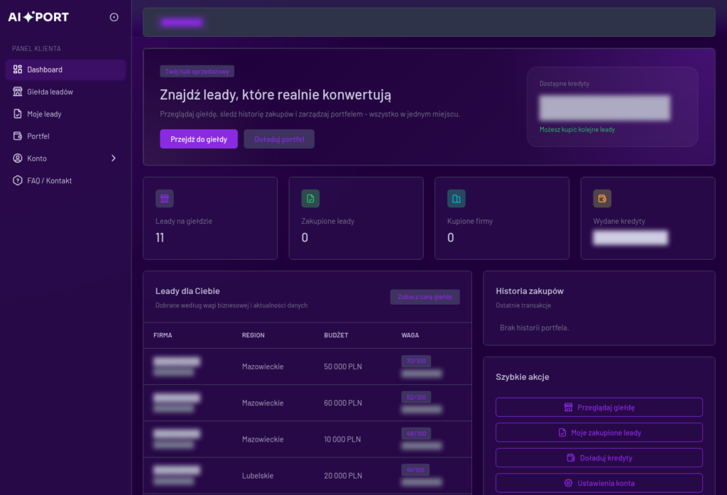 The live customer dashboard with recommended leads, account summaries and shortcuts; private information is hidden