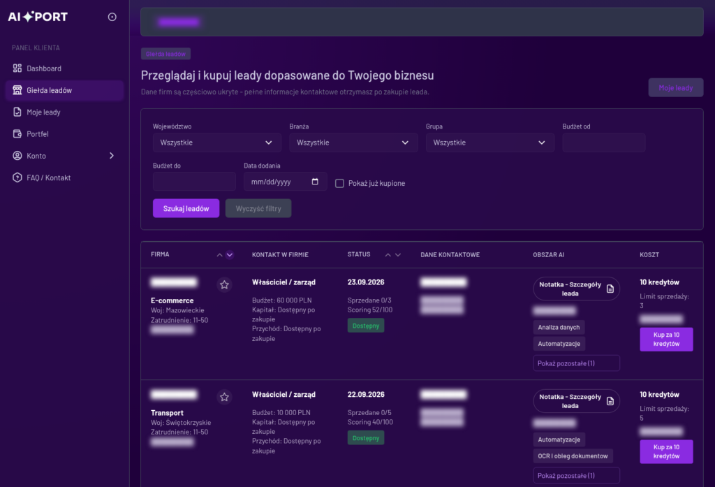 The live AIPORT lead marketplace, showing search filters and available leads with identifying details hidden
