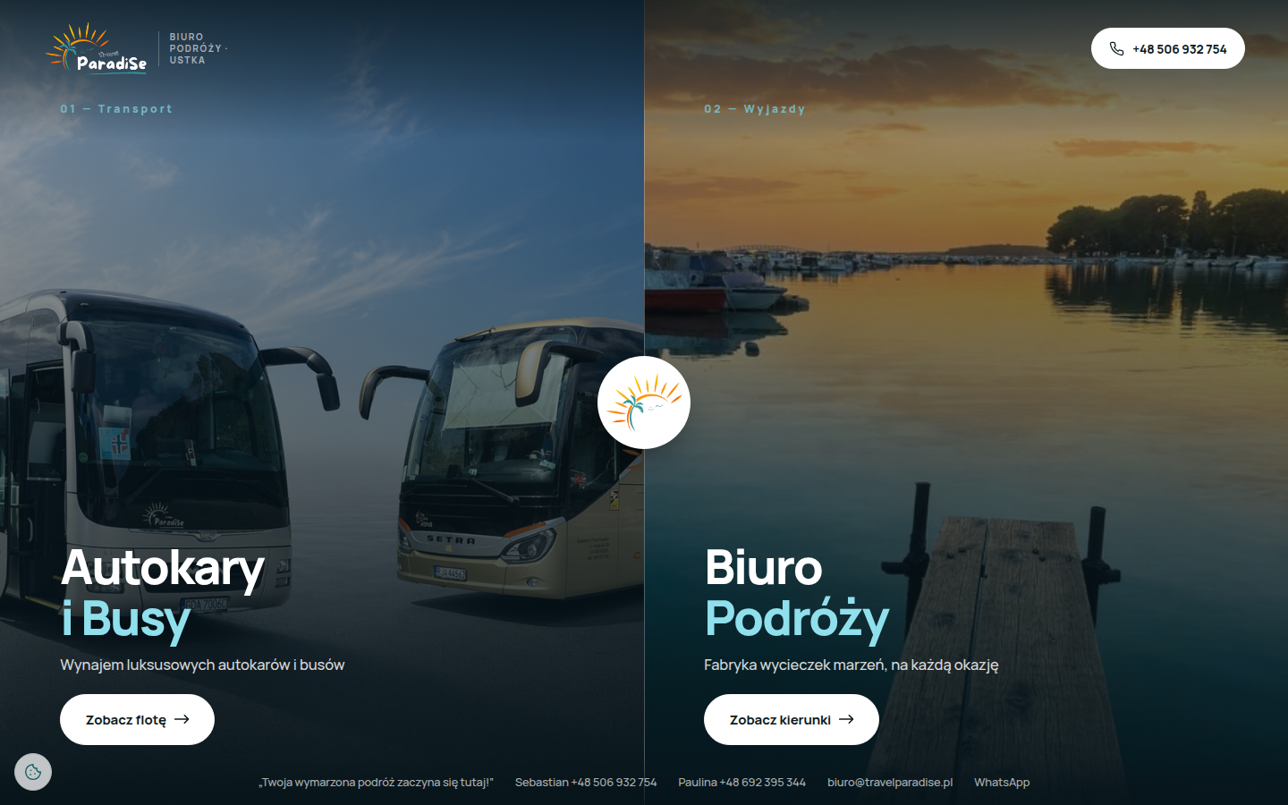 TravelParadise website showing coach hire and holiday travel services